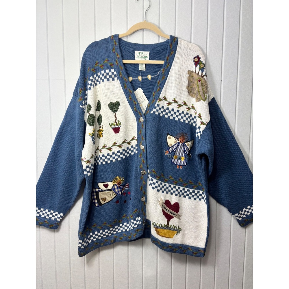 Quacker Factory Blue Garden Angel Embroidered Cardigan Sweater‎ 2X Heart Buttons